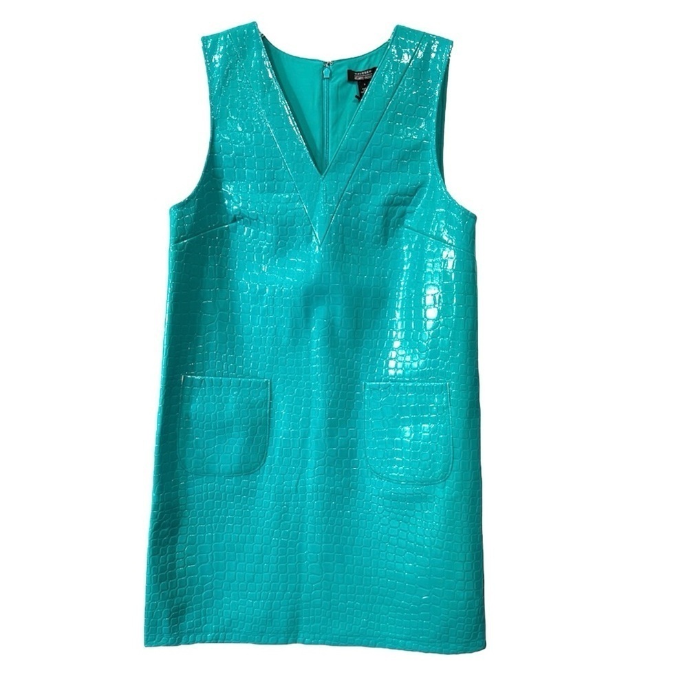 Halogen x Atlantic Pacific Croc Embossed Faux Leather Shift Dress S Teal